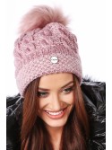 Braided winter hat with a pompom, dark pink C47 - Online store - Boutique